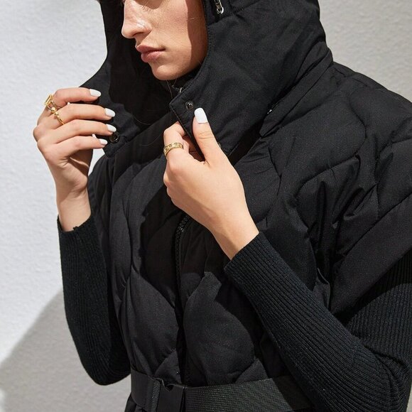 Black Casual Women's Zip Up Belted Vest Puffer Coat - Picture 5 of 7